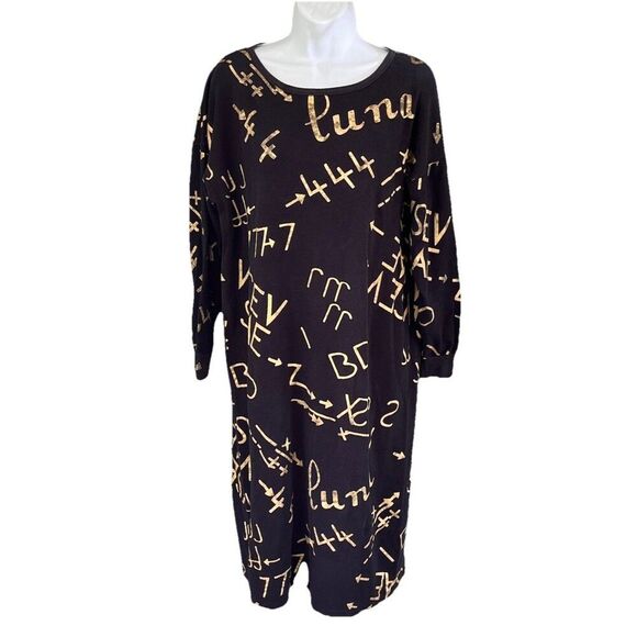 IB Diffusion Sweater Dress Womens Size Large Black Gold Lettering Vintage Italy - Picture 1 of 4